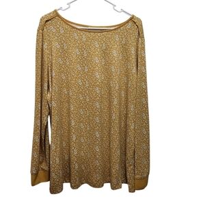 Susan Graver Liquid Knit Golden Yellow Cottagecore Floral Long Sleeve Top Sz 1X